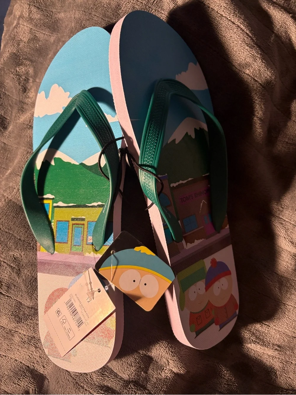 NEW-Mens 12 South Park Graphic Flip Flop Sandals - Teal Straps